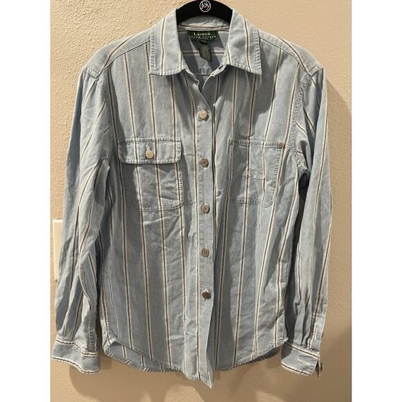 LAUREN RALPH LAUREN BLUE CHAMBRAY DENIN COTTON WOMENS JEAN SHIRT SIZE S vintage - Picture 1 of 9